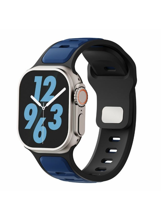 سوار سيليكون لساعة أبل ألترا 3 2 1 49 مم / سلسلة 11 10 46 مم / 9 8 7 45 مم / SE3 SE2 SE 6 5 4 44 مم / 3 2 1 42 مم، سوار رياضي ثنائي اللون - (أزرق/أسود) - Image 2